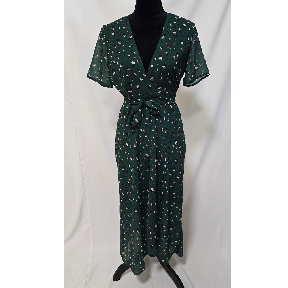 Bardot women 4 green abstract‎ leopard print wrap midi dress v-neck short sleeve